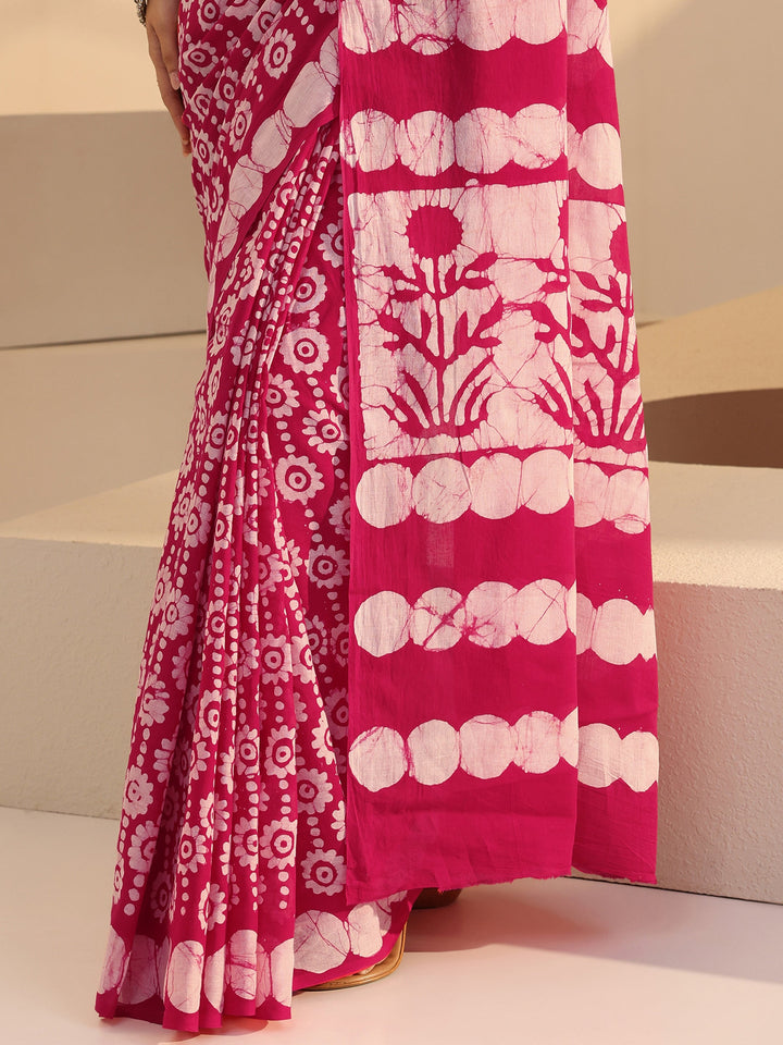 Libas Pink Floral Batik Print Cotton Saree