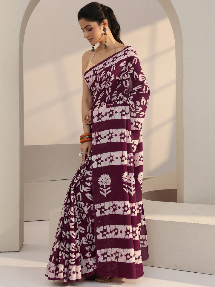 Libas Burgundy Batik Print Cotton Saree