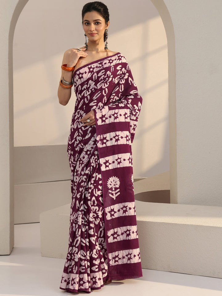 Libas Burgundy Batik Print Cotton Saree