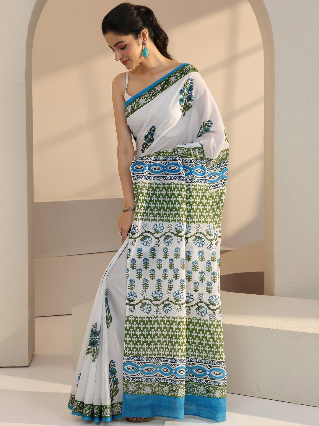 Libas White Floral Block Printed Cotton Saree