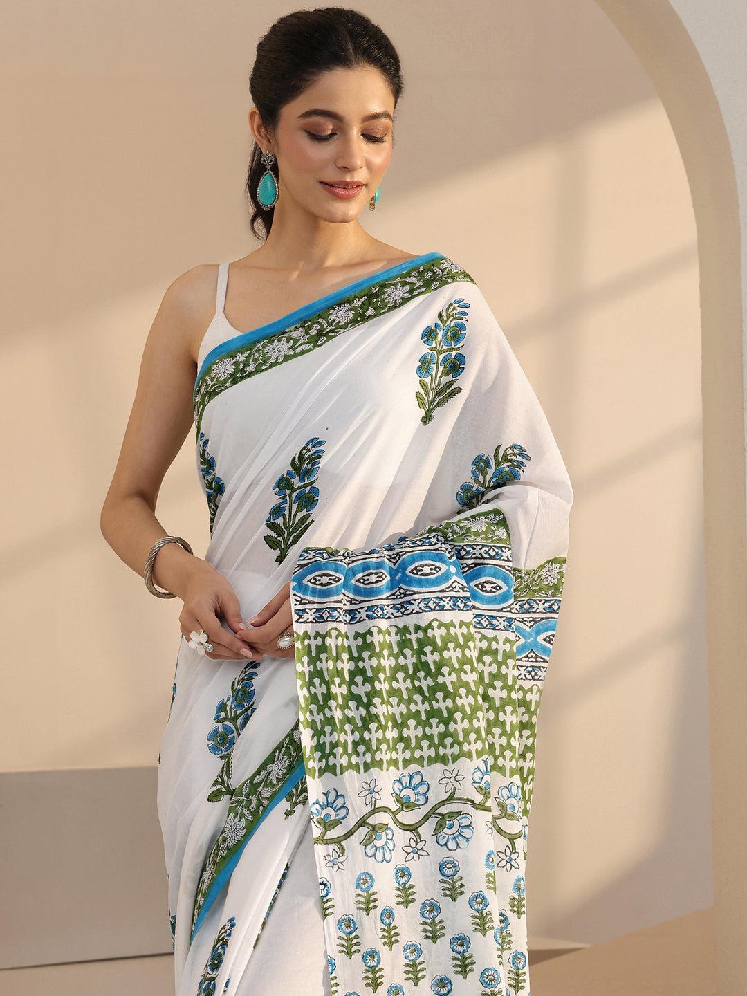 Libas White Floral Block Printed Cotton Saree