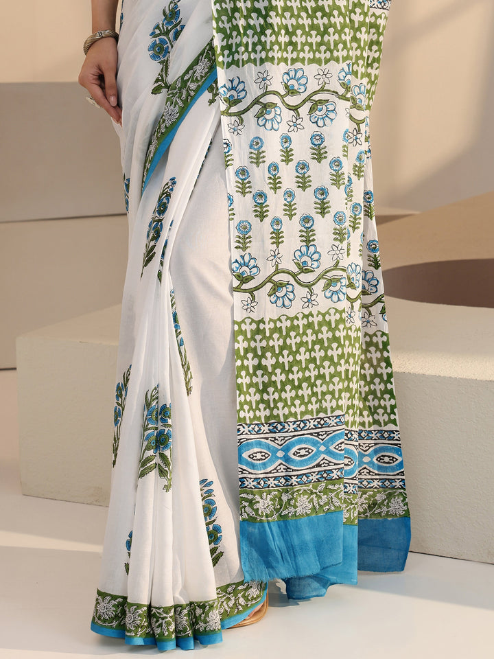 Libas White Floral Block Printed Cotton Saree