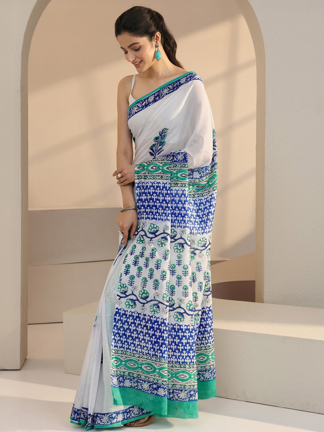 Libas White Block Printed Cotton Saree