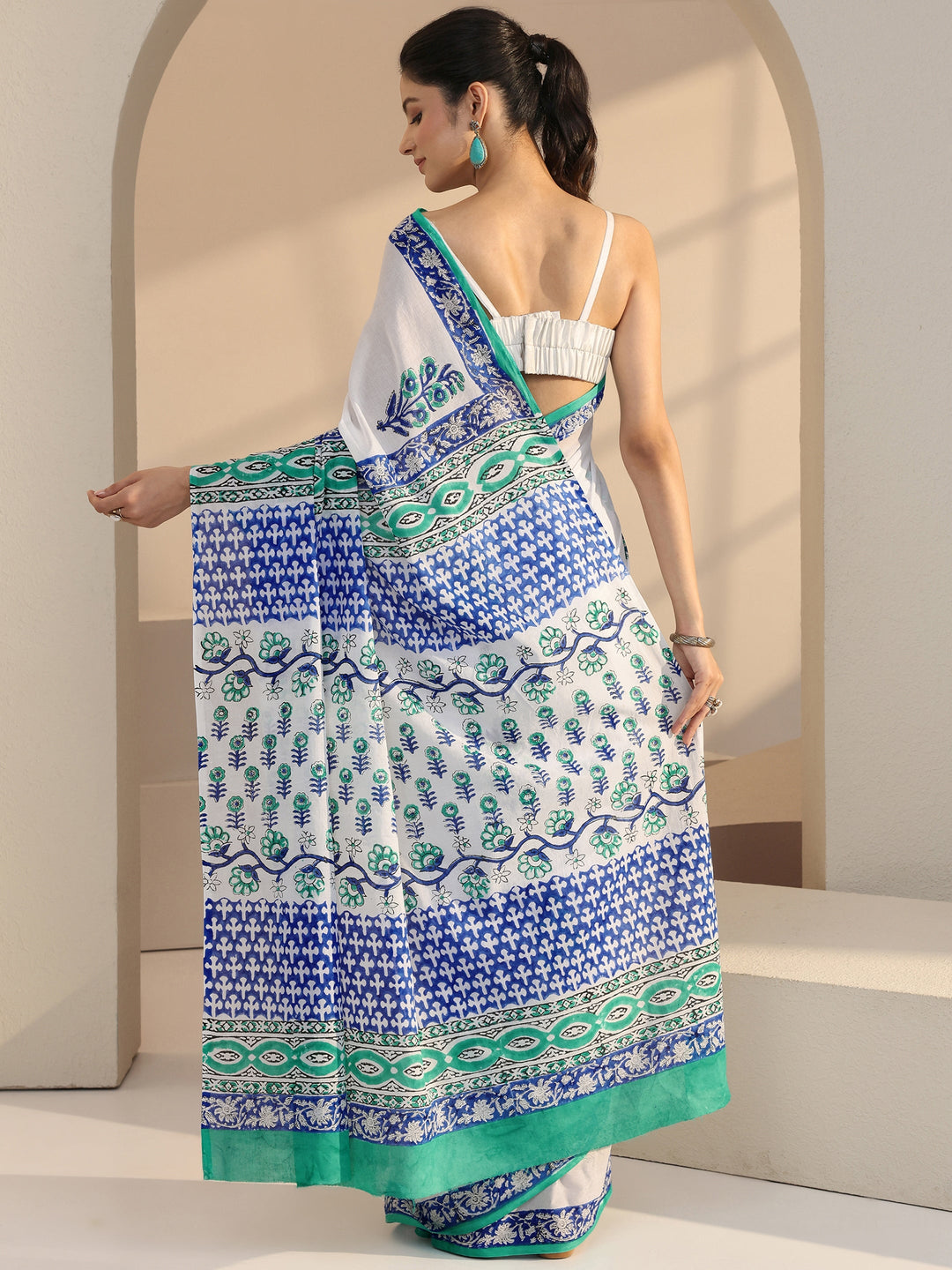 Libas White Block Printed Cotton Saree