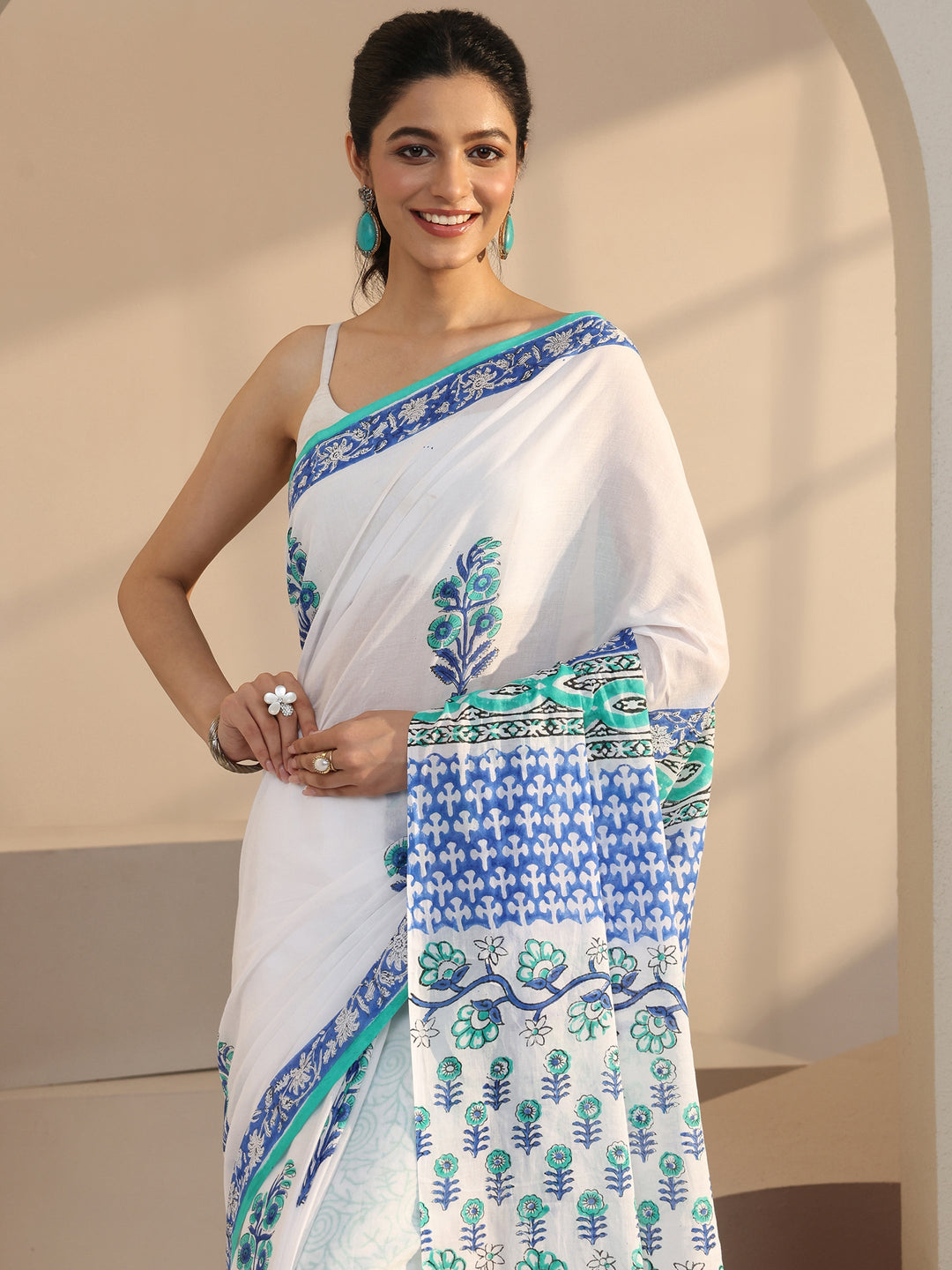Libas White Block Printed Cotton Saree