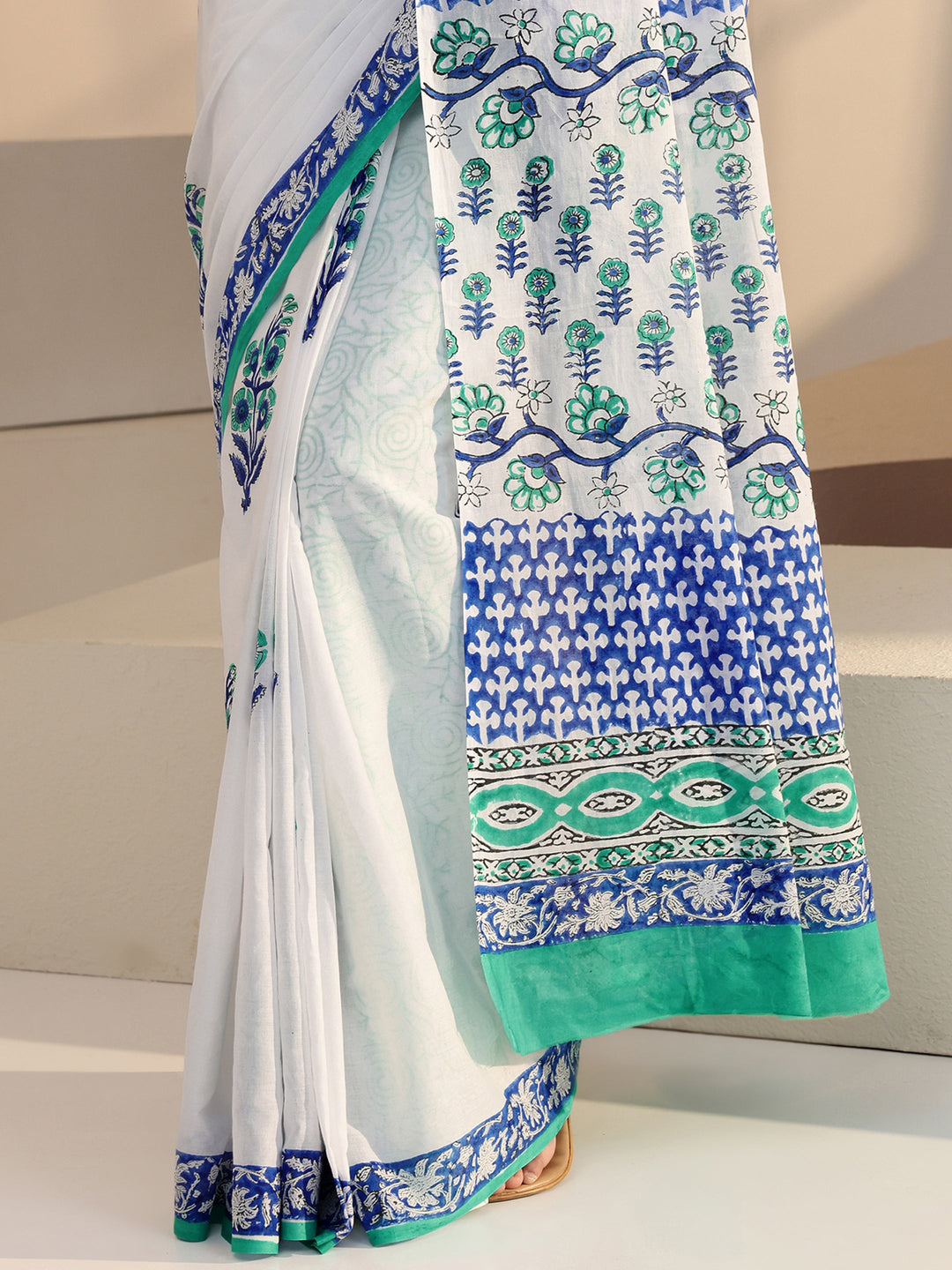 Libas White Block Printed Cotton Saree