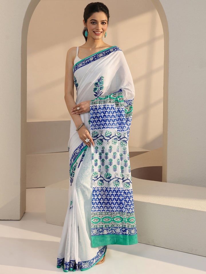 Libas White Block Printed Cotton Saree