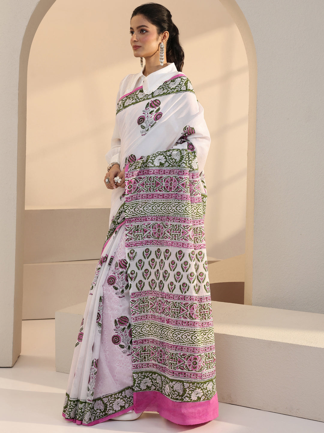 Libas White Floral Printed Cotton Saree