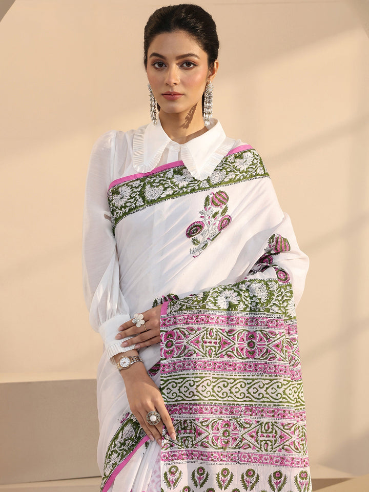 Libas White Floral Printed Cotton Saree