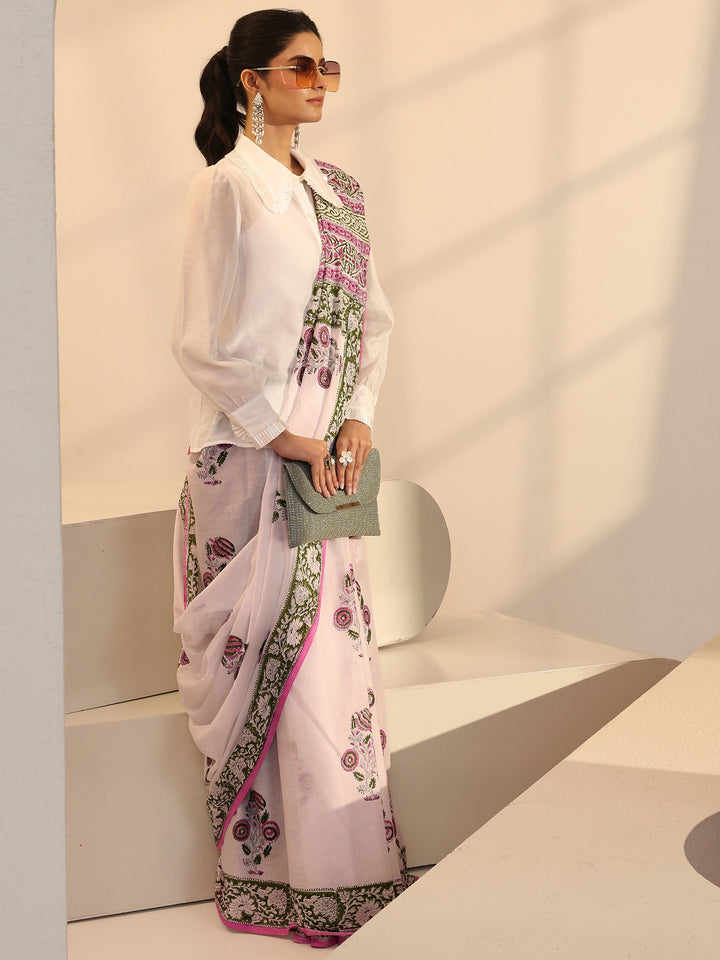 Libas White Floral Printed Cotton Saree