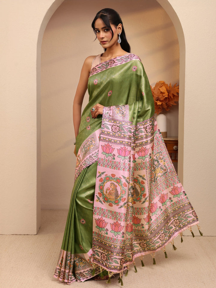 Libas Fern Green Madhubani Print Silk Blend Saree