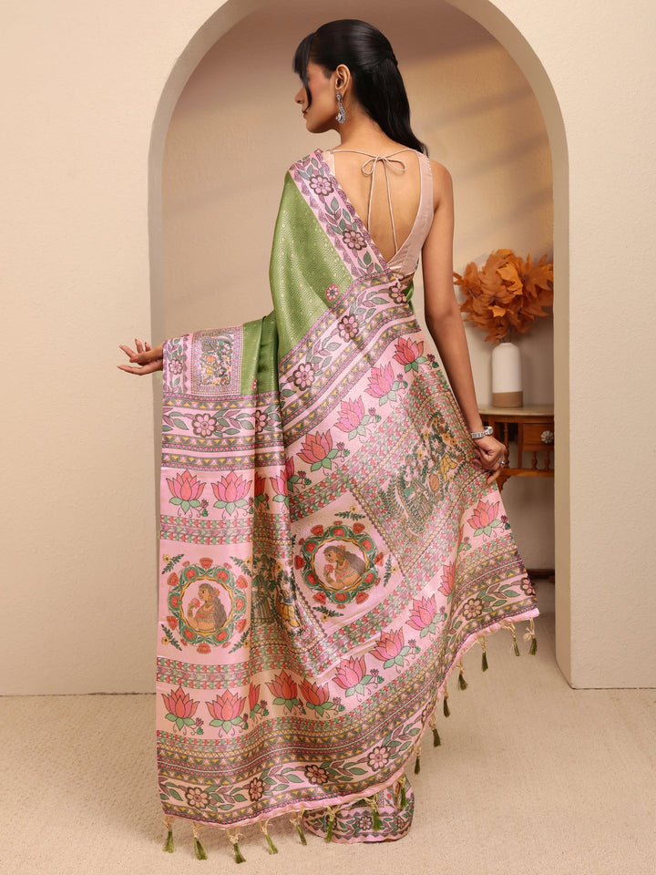 Libas Fern Green Madhubani Print Silk Blend Saree