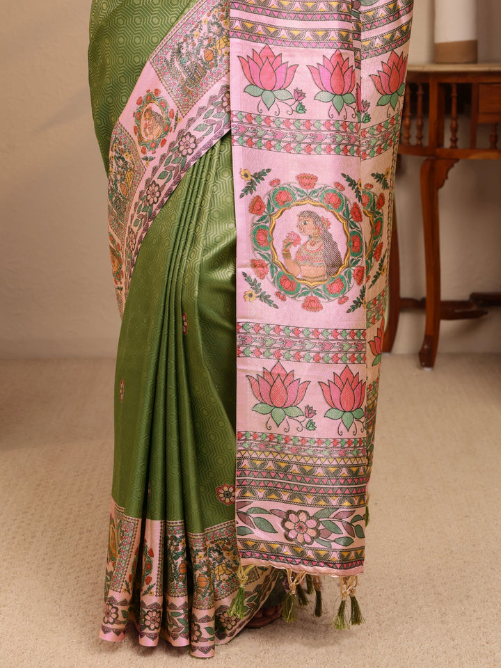 Libas Fern Green Madhubani Print Silk Blend Saree