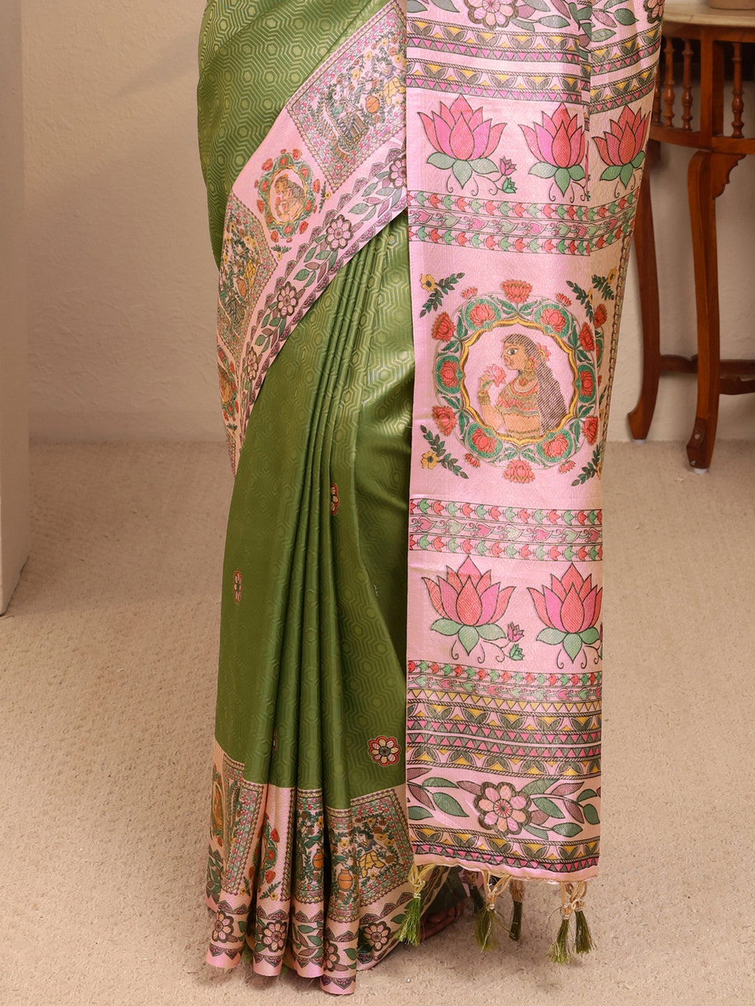 Libas Fern Green Madhubani Print Silk Blend Saree