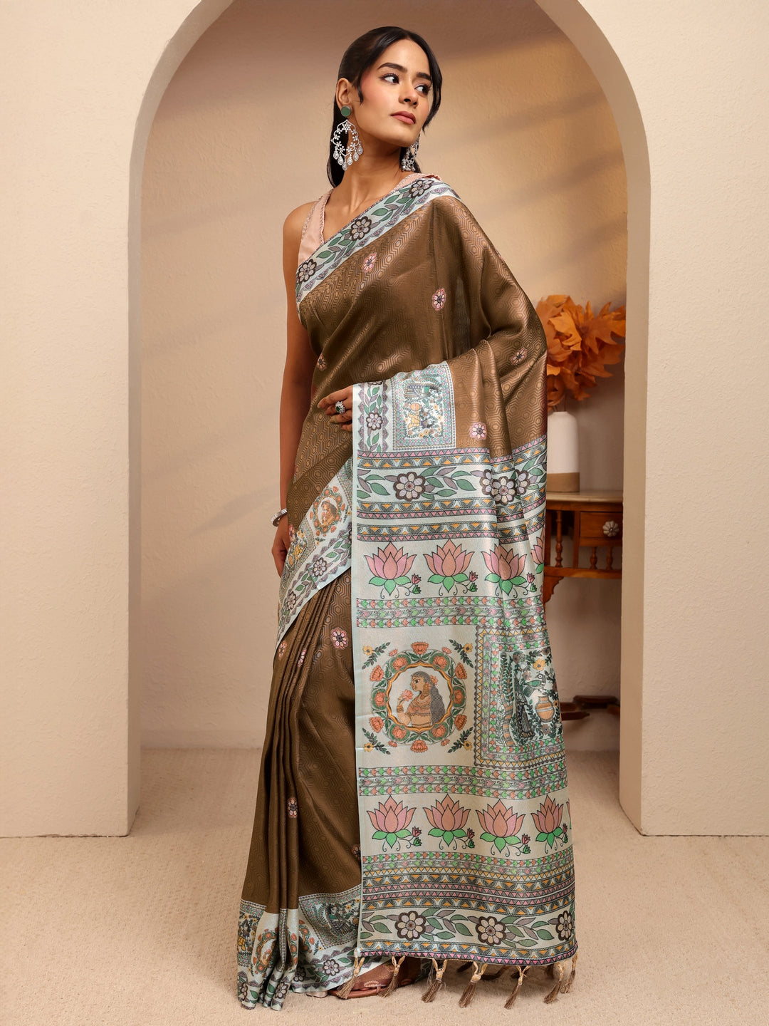 Libas Brown Madhubani Print Silk Blend Saree