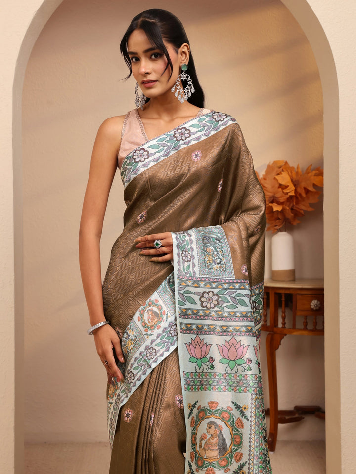 Libas Brown Madhubani Print Silk Blend Saree