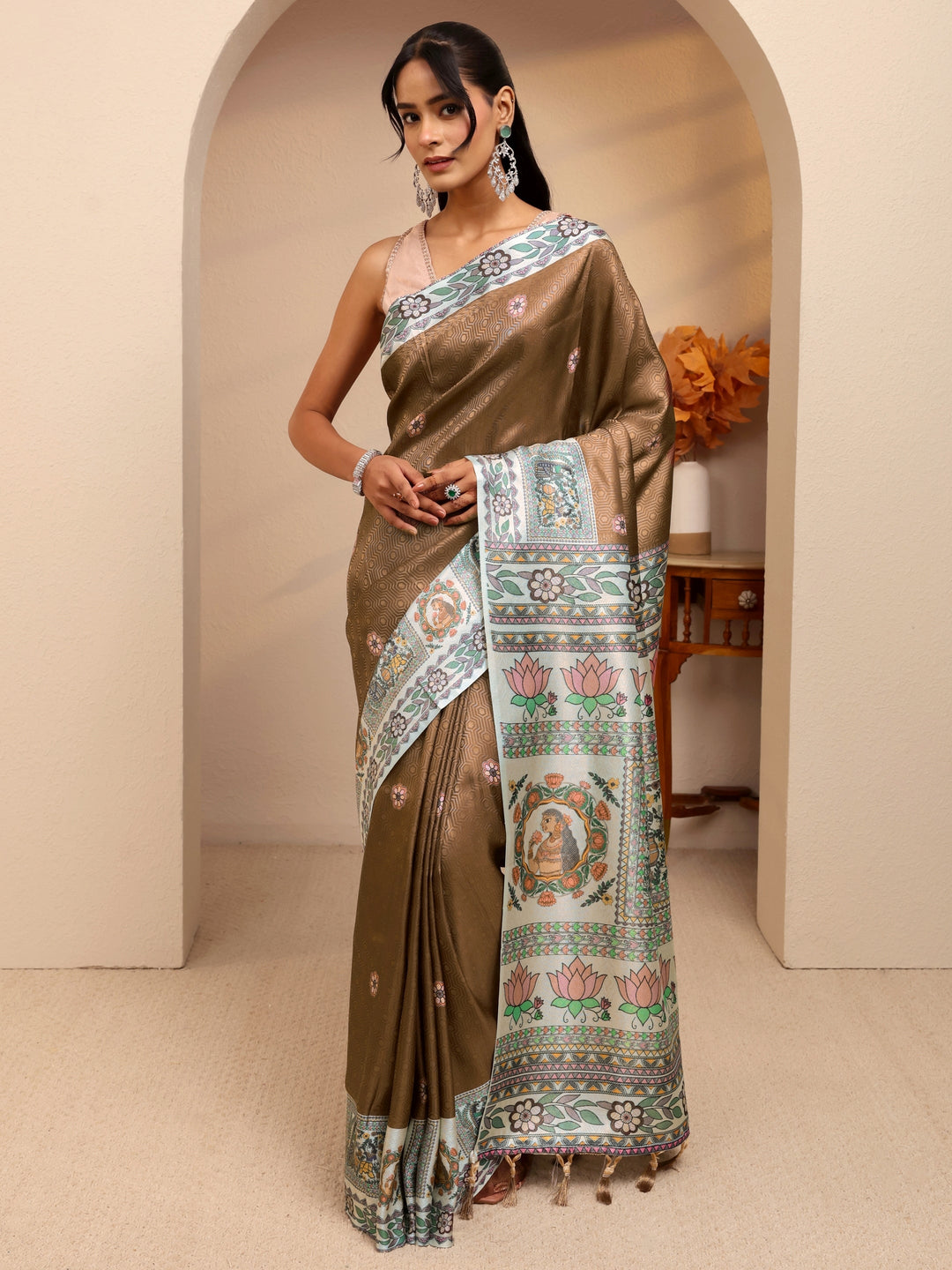 Libas Brown Madhubani Print Silk Blend Saree
