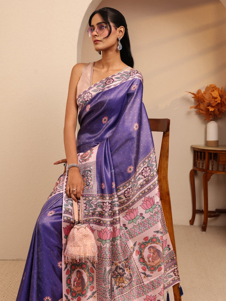 Libas Purple Madhubani Print Silk Blend Saree