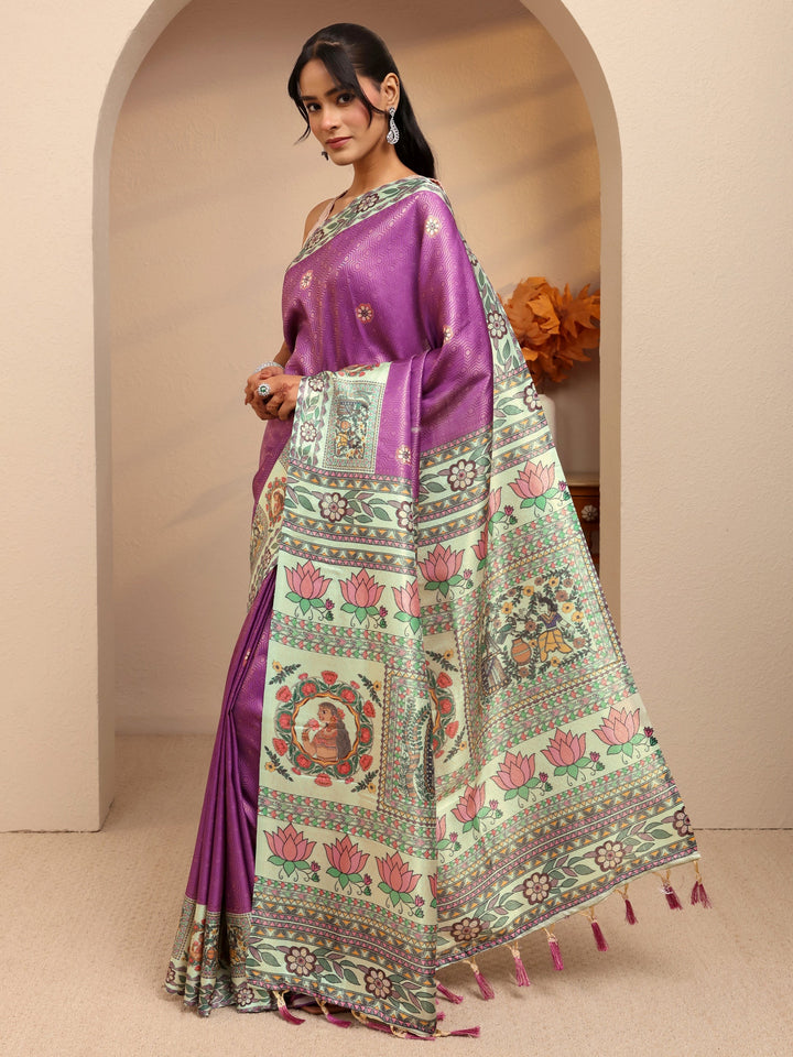 Libas Lavender Madhubani Print Silk Blend Saree