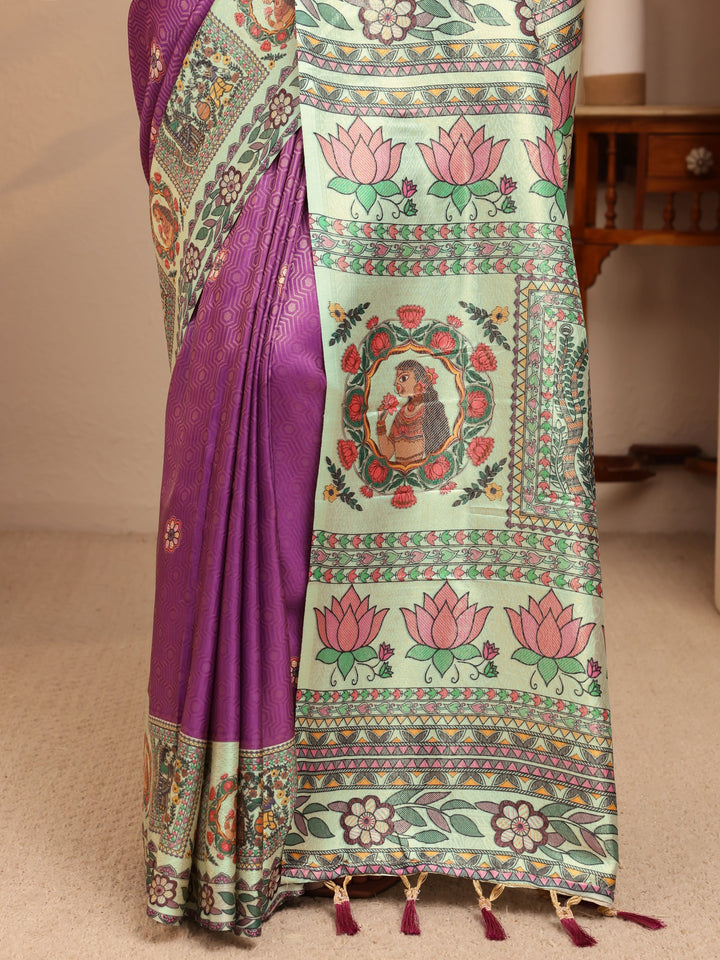 Libas Lavender Madhubani Print Silk Blend Saree