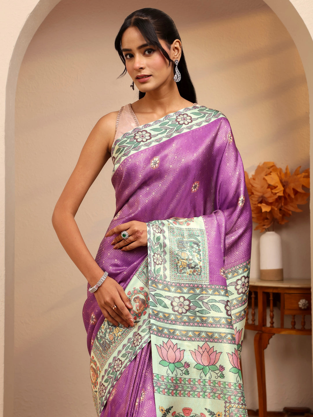 Libas Lavender Madhubani Print Silk Blend Saree