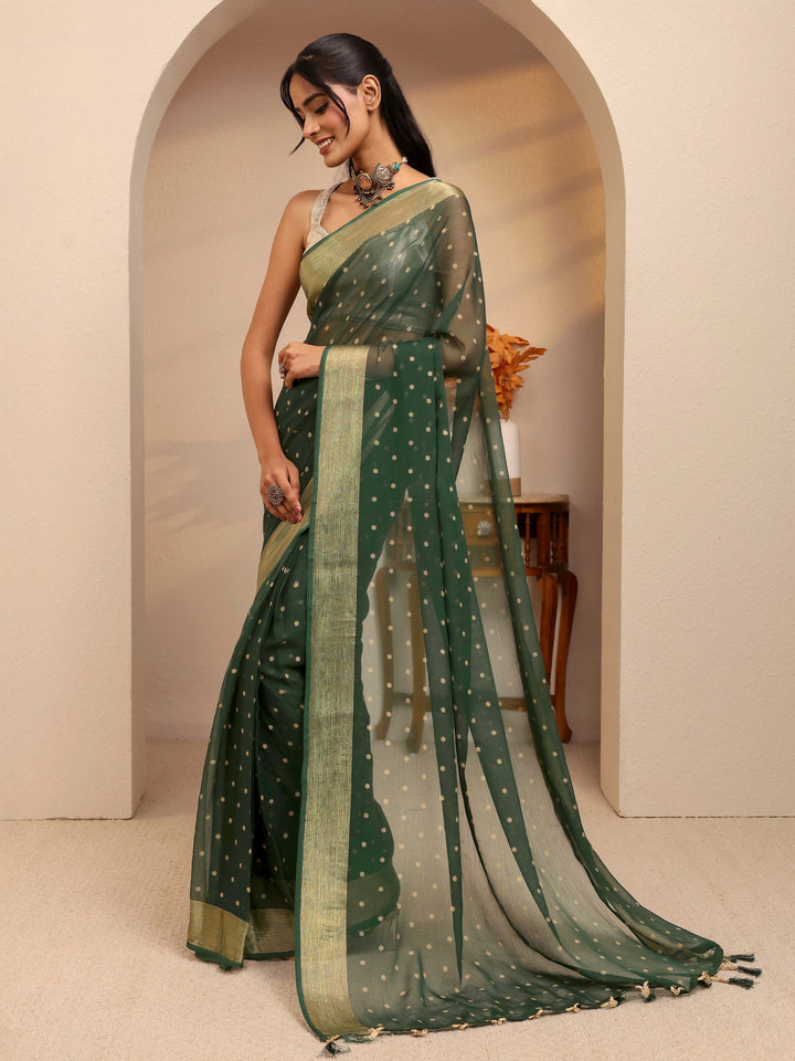 Libas Forest Green Floral Printed Georgette Pre Draped Saree