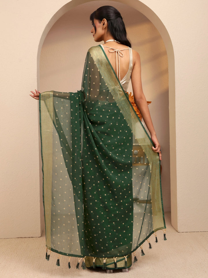 Libas Forest Green Floral Printed Georgette Pre Draped Saree