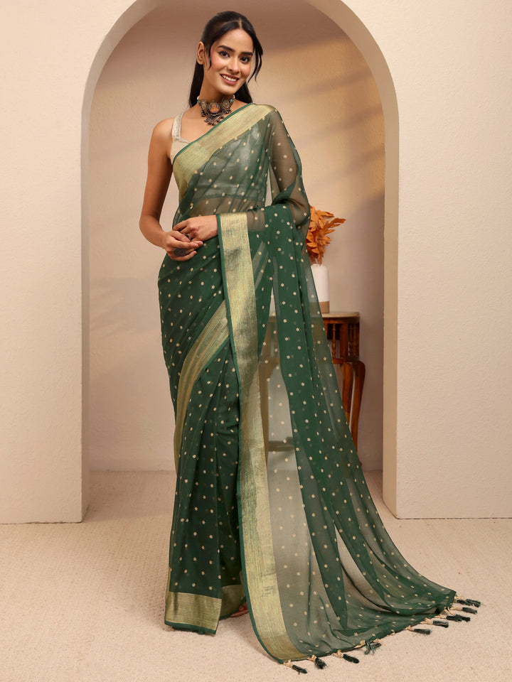 Libas Forest Green Floral Printed Georgette Pre Draped Saree