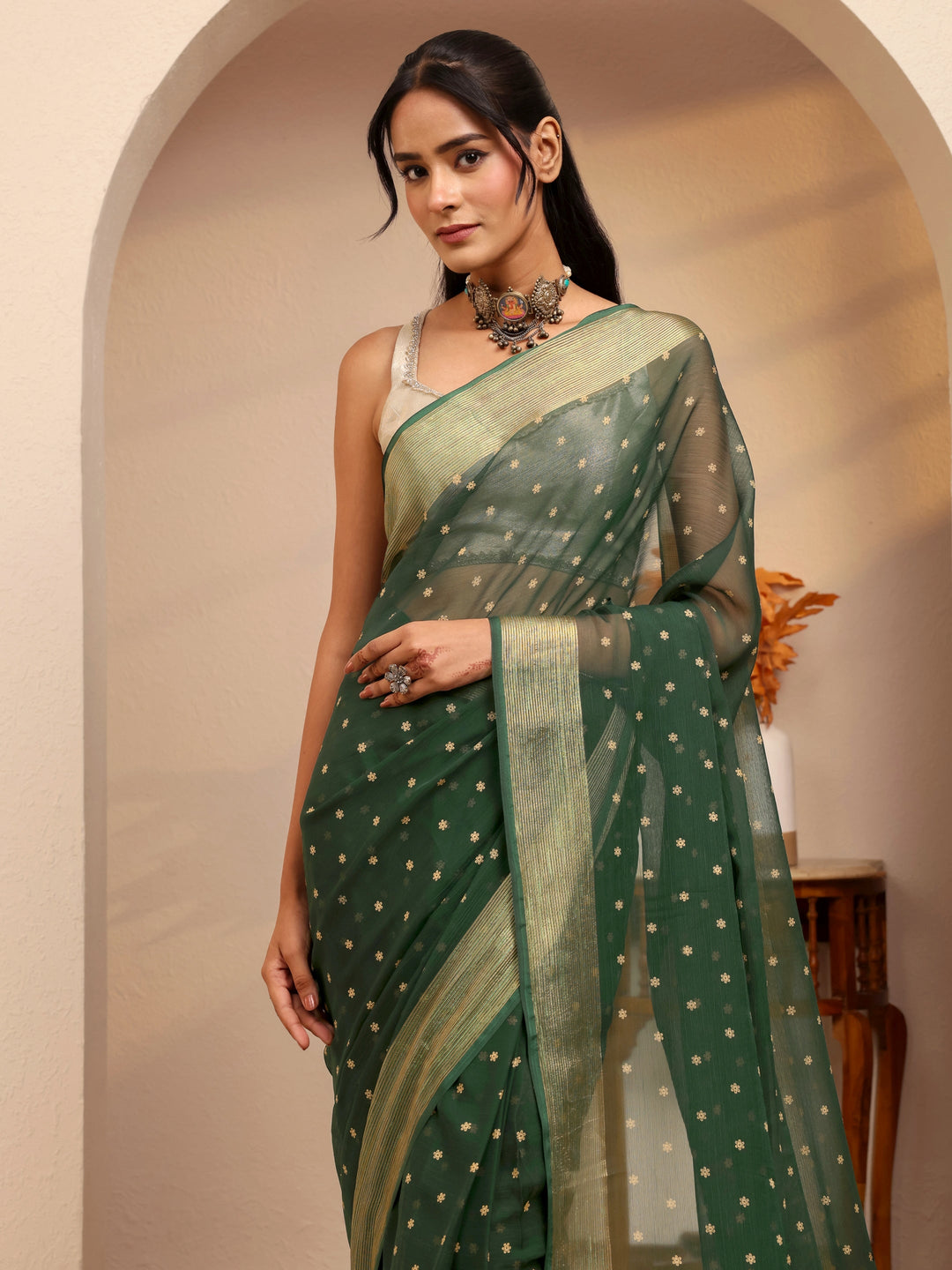 Libas Forest Green Floral Printed Georgette Pre Draped Saree