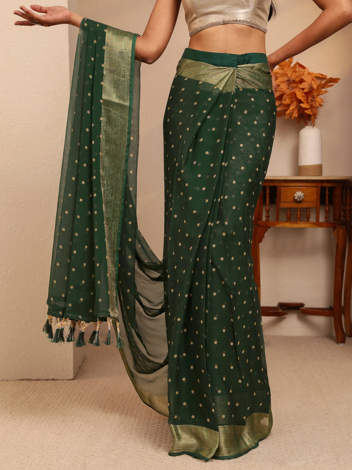 Libas Forest Green Floral Printed Georgette Pre Draped Saree