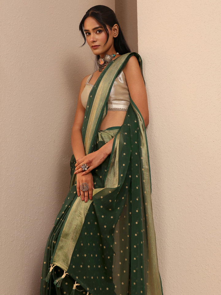 Libas Forest Green Floral Printed Georgette Pre Draped Saree