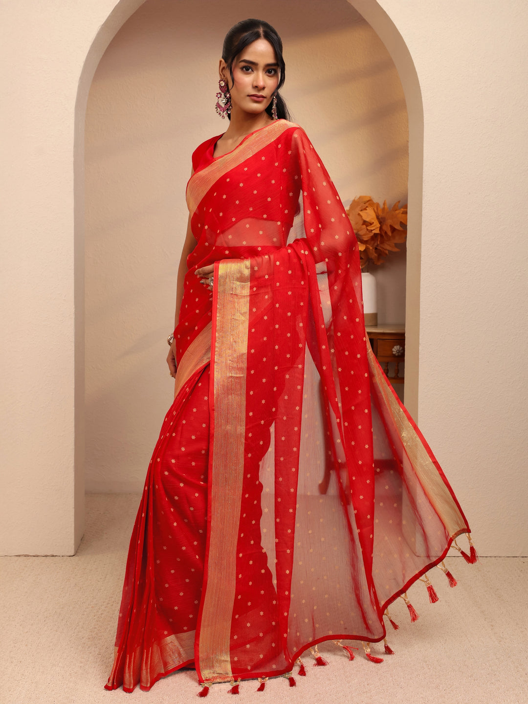 Libas Vermillion Red Floral Printed Georgette Pre Draped Saree