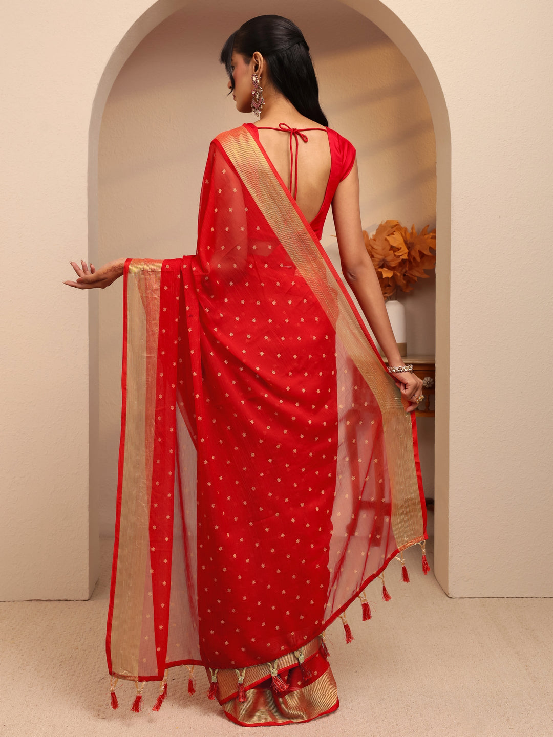 Libas Vermillion Red Floral Printed Georgette Pre Draped Saree