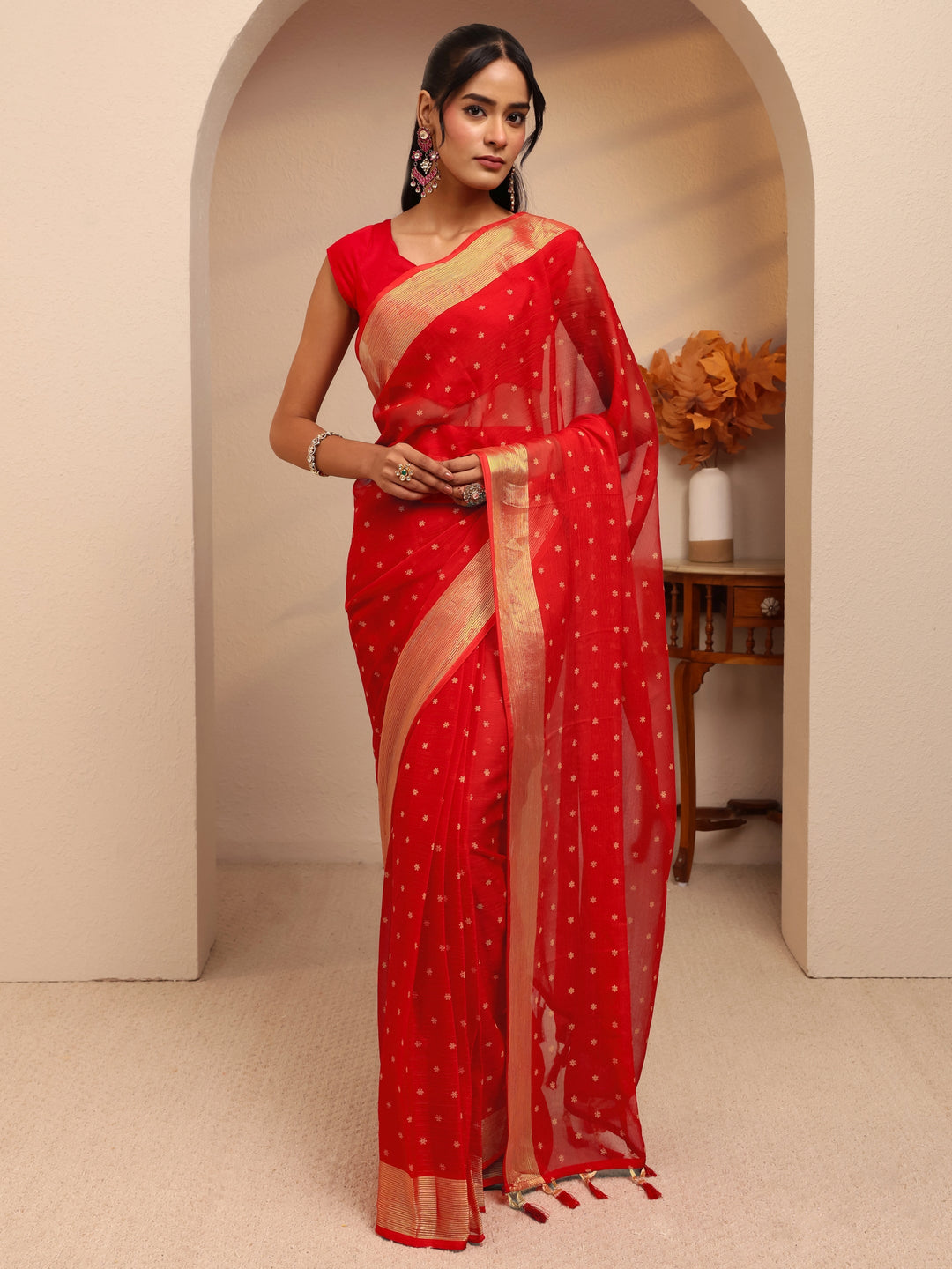 Libas Vermillion Red Floral Printed Georgette Pre Draped Saree