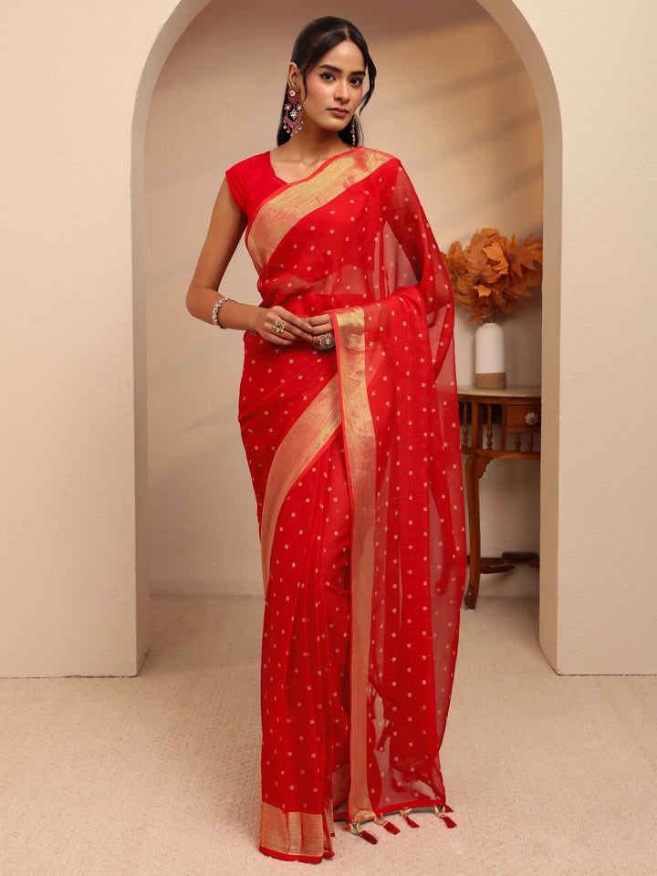 Libas Vermillion Red Floral Printed Georgette Pre Draped Saree