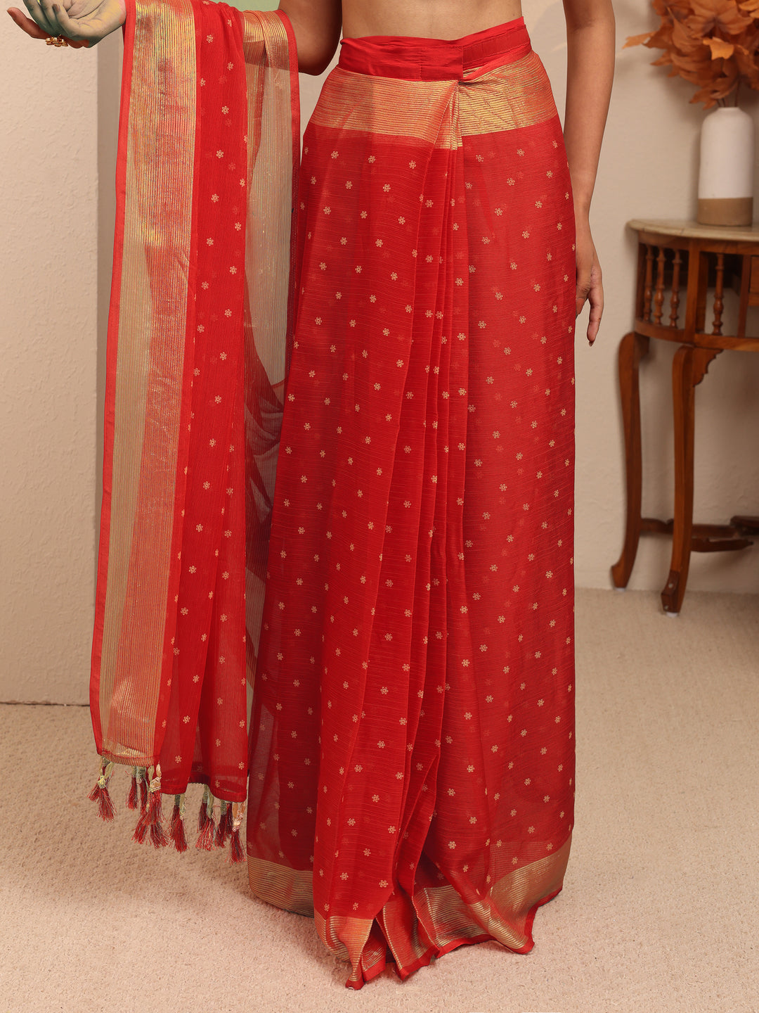 Libas Vermillion Red Floral Printed Georgette Pre Draped Saree