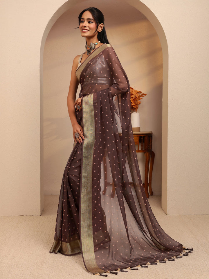 Libas Antique Brown Floral Printed Georgette Pre Draped Saree