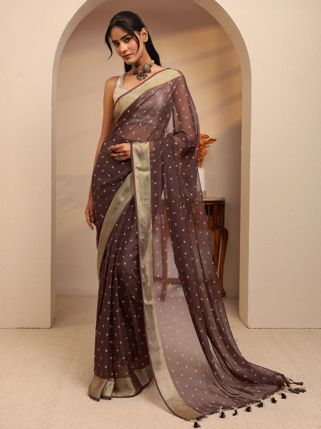 Libas Antique Brown Floral Printed Georgette Pre Draped Saree
