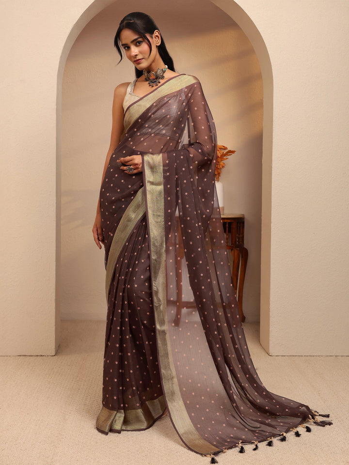 Libas Antique Brown Floral Printed Georgette Pre Draped Saree
