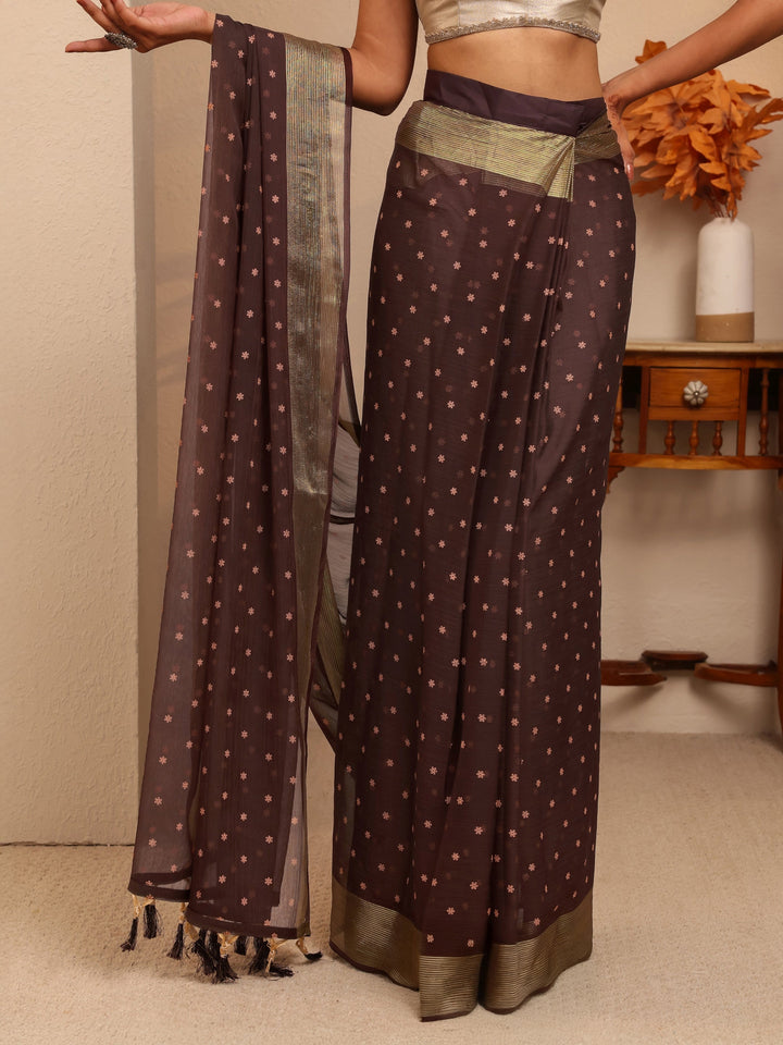 Libas Antique Brown Floral Printed Georgette Pre Draped Saree