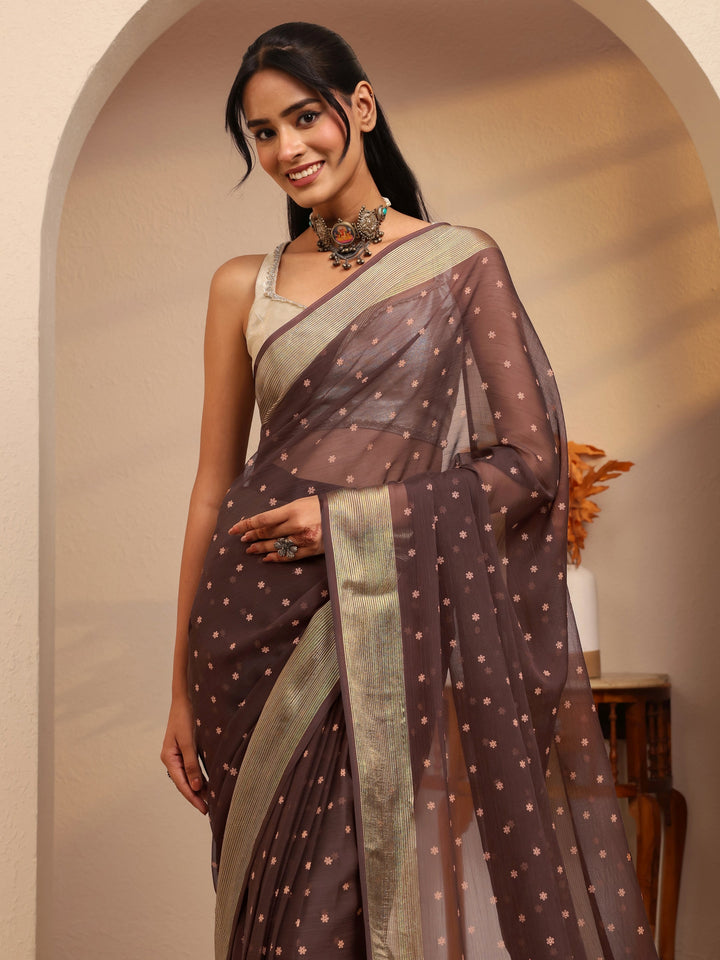 Libas Antique Brown Floral Printed Georgette Pre Draped Saree