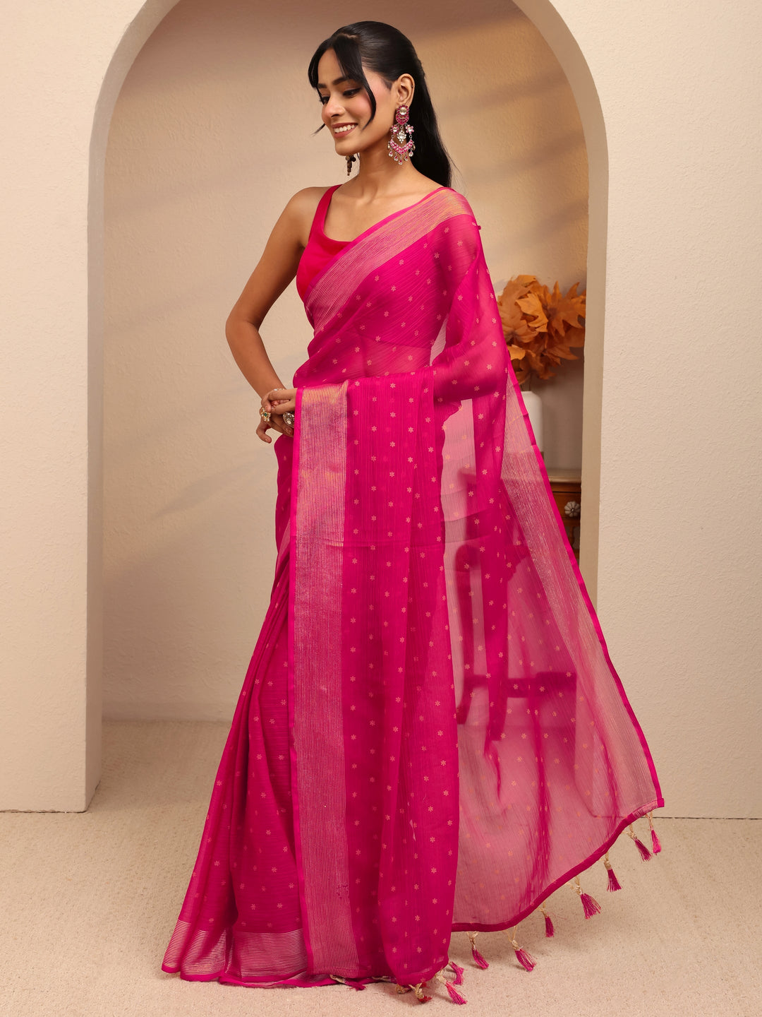 Libas Pink Floral Printed Georgette Pre Draped Saree