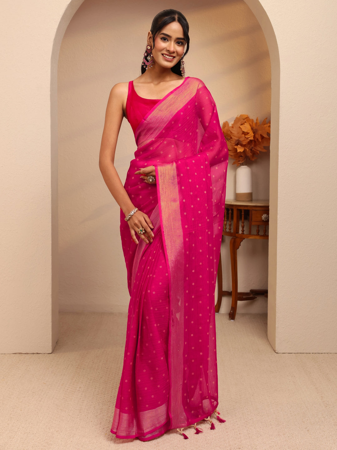 Libas Pink Floral Printed Georgette Pre Draped Saree