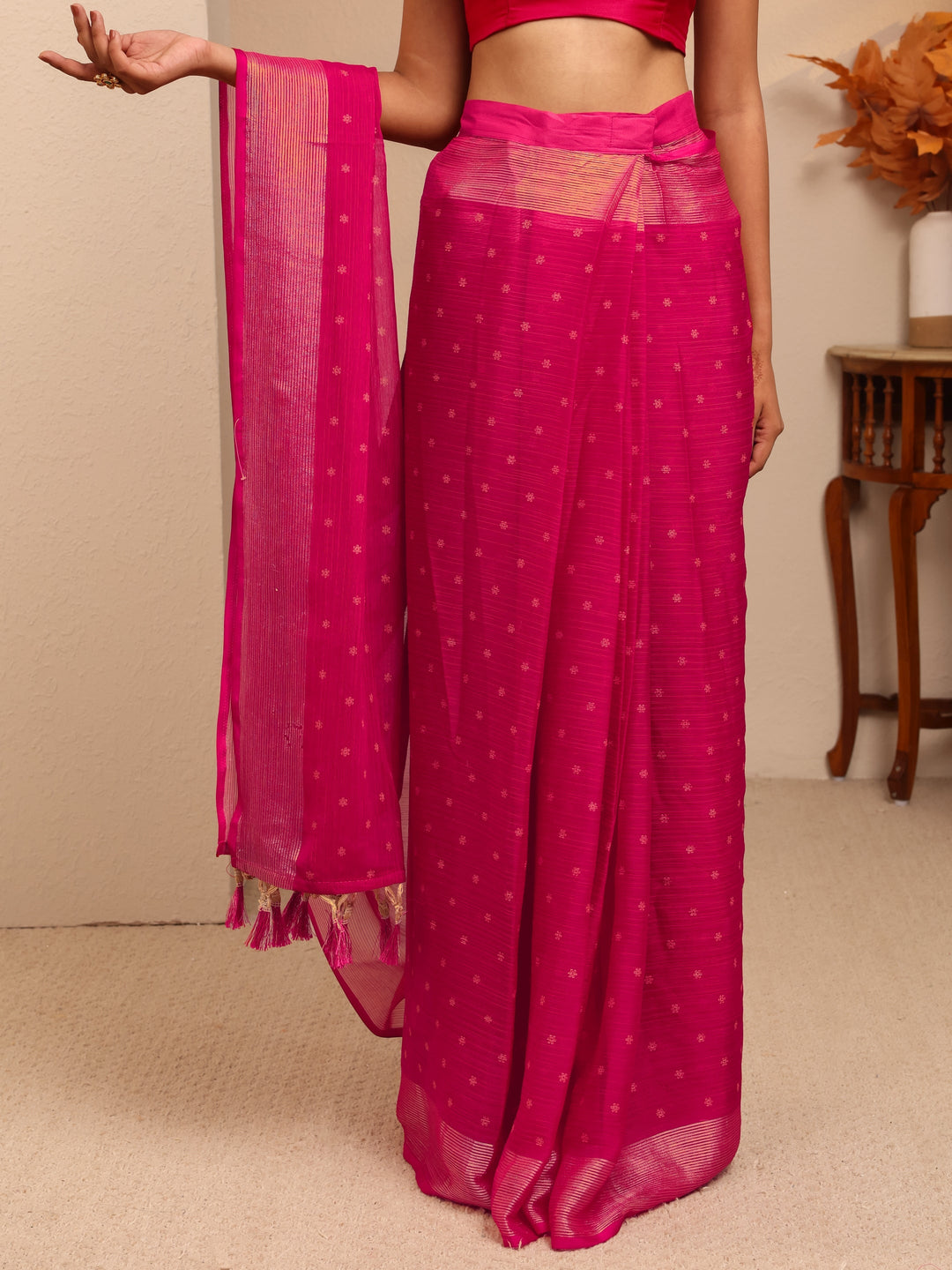 Libas Pink Floral Printed Georgette Pre Draped Saree