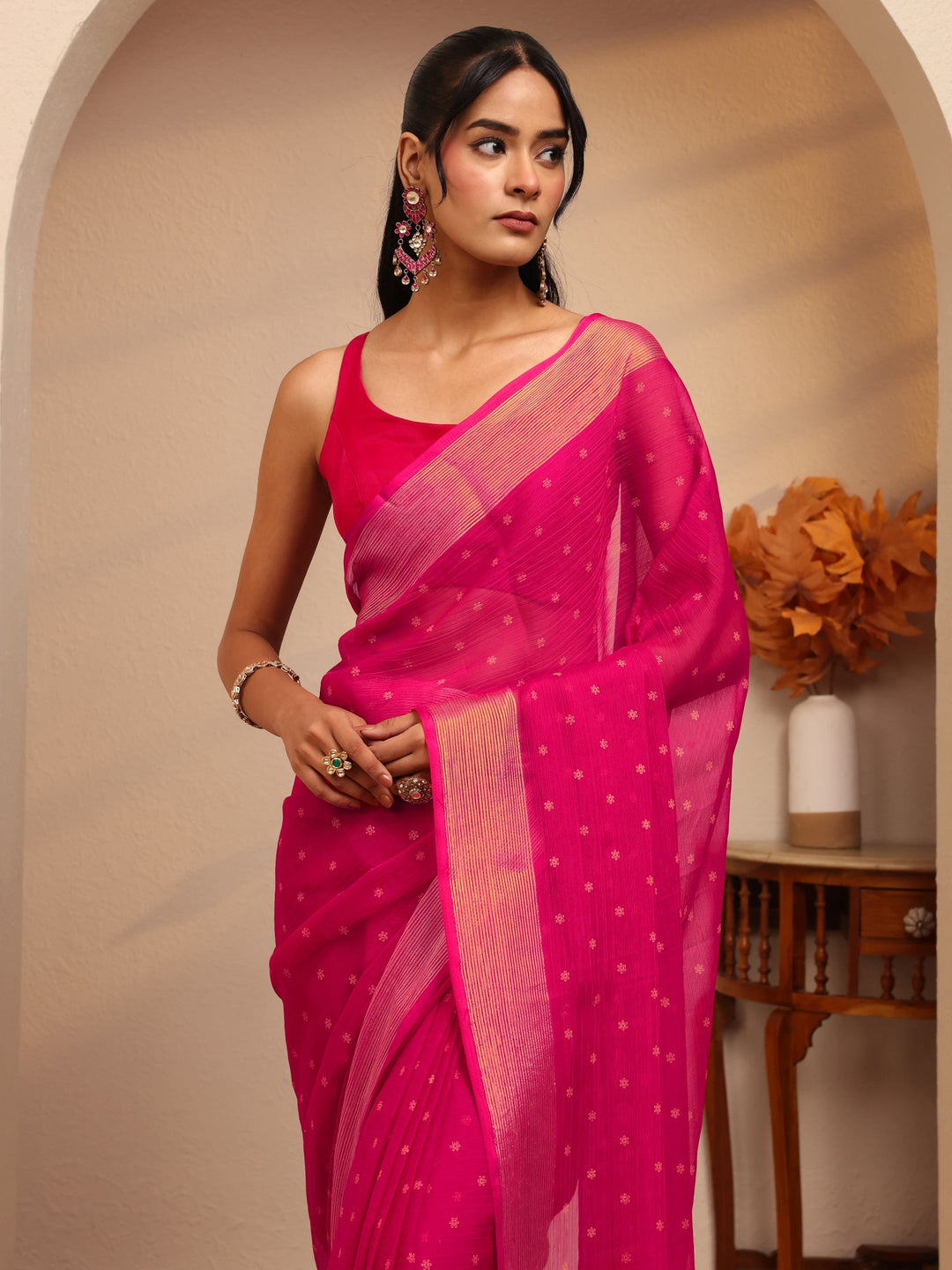 Libas Pink Floral Printed Georgette Pre Draped Saree