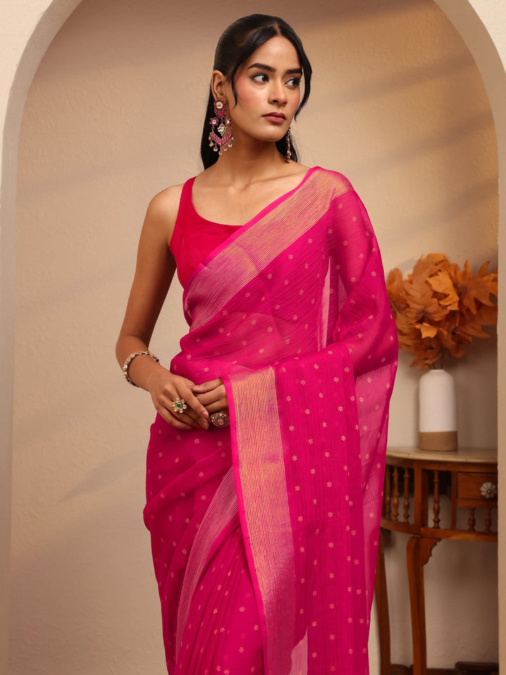 Libas Pink Floral Printed Georgette Pre Draped Saree