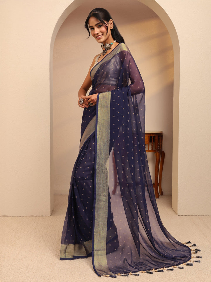 Libas Navy Blue Floral Printed Georgette Pre-Draped Saree