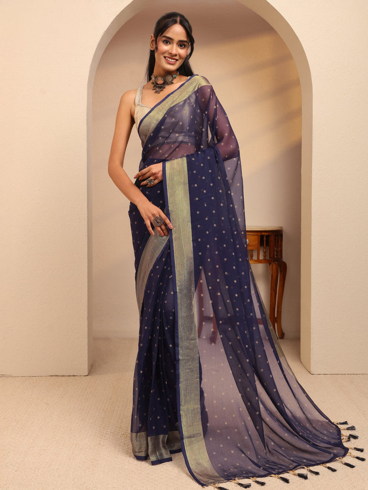 Libas Navy Blue Floral Printed Georgette Pre-Draped Saree