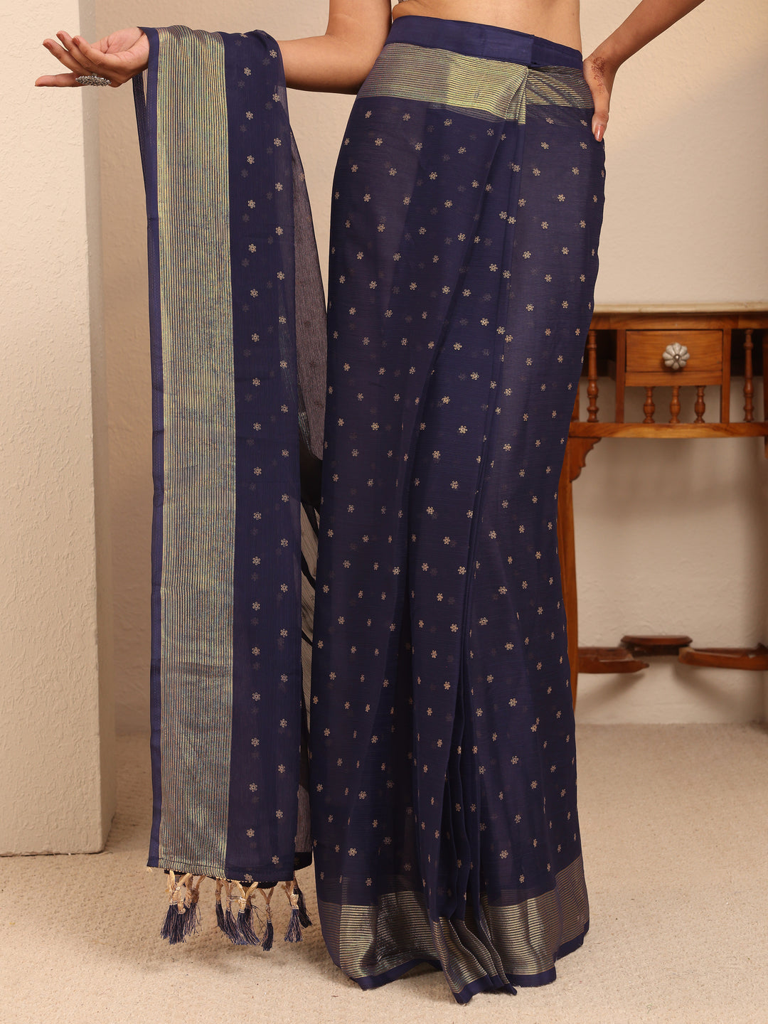 Libas Navy Blue Floral Printed Georgette Pre-Draped Saree