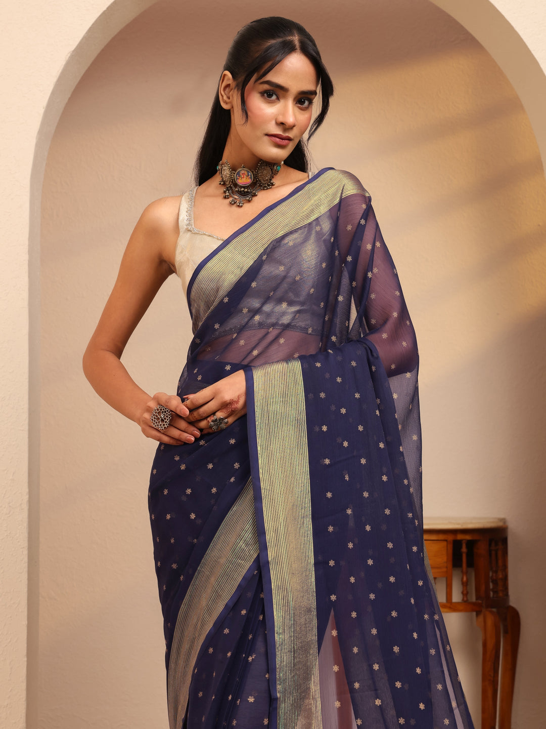 Libas Navy Blue Floral Printed Georgette Pre-Draped Saree